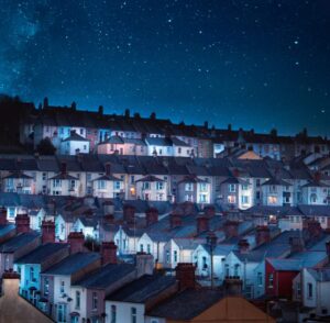 visual of terraced house in star night sky